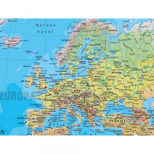 Väggkarta världen fysisk 1:30 milj 136x84cm